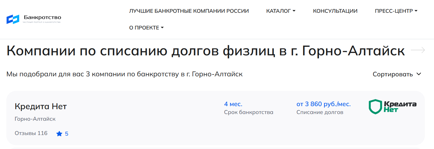КредитаНет – первые в рейтинге компаний по банкротству в Горно-Алтайске на сайте Банкротство Инфо